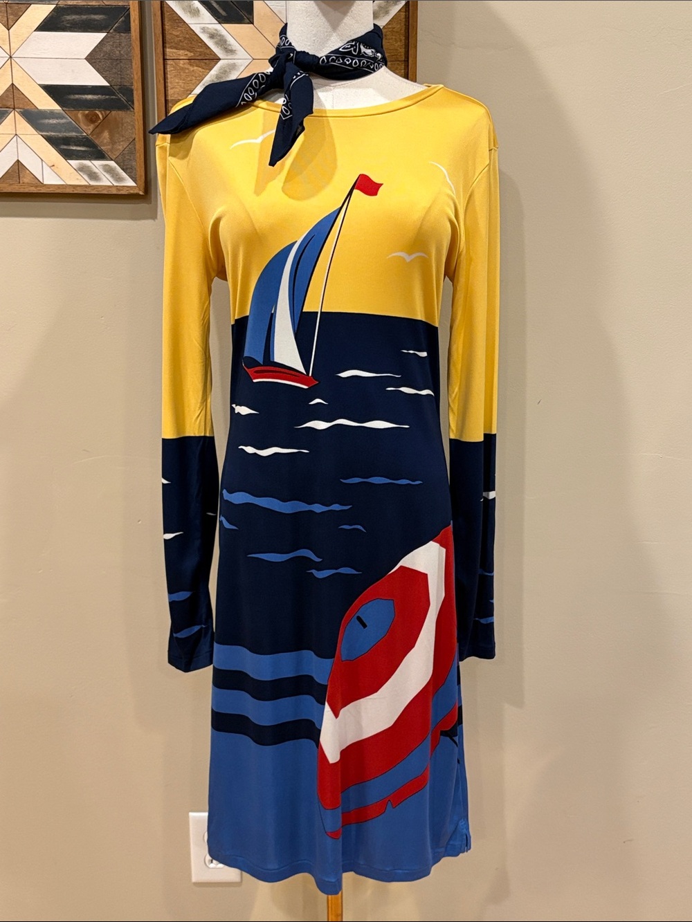 Vintage Ralph Lauren Blue Label Y2K Nautical Sailboat Long-Sleeve Silk Dress